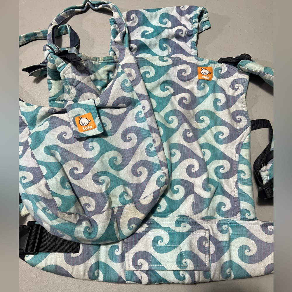 Toddler Tula, Full Woven, Surf Pipeline, and matching bag.